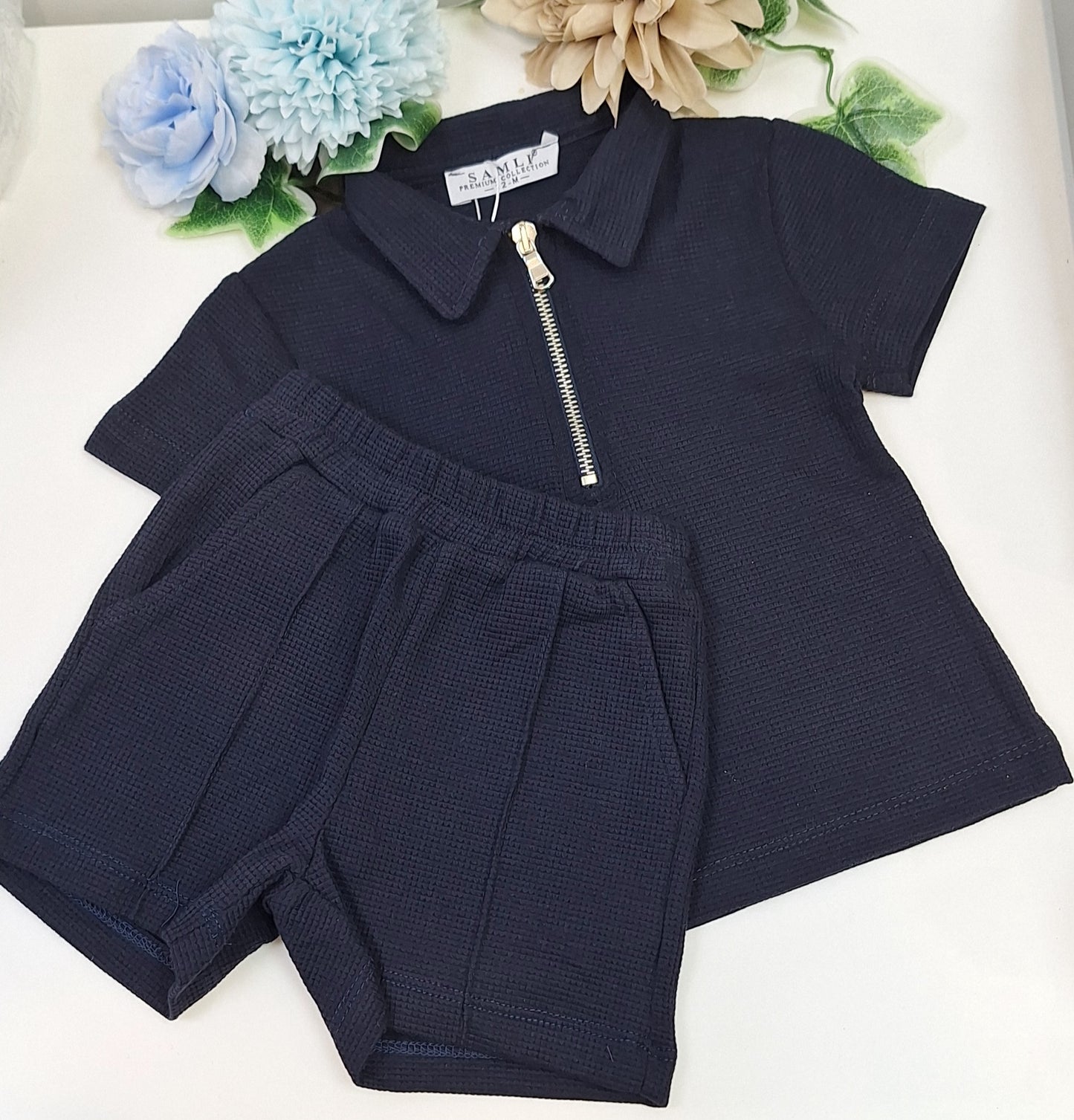 Boys Navy Blue Waffle Short Set