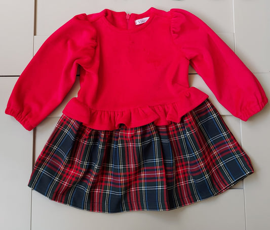 Infant Girls Red & Navy Tartan Contrast Dress 6-9 To 18-24 Months