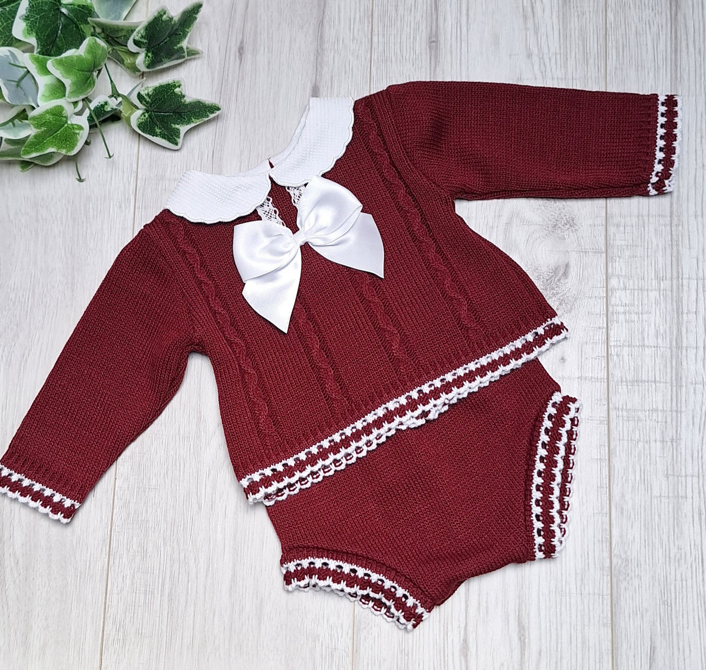 Cable Knit 2 Piece Lace & Bow Outfit