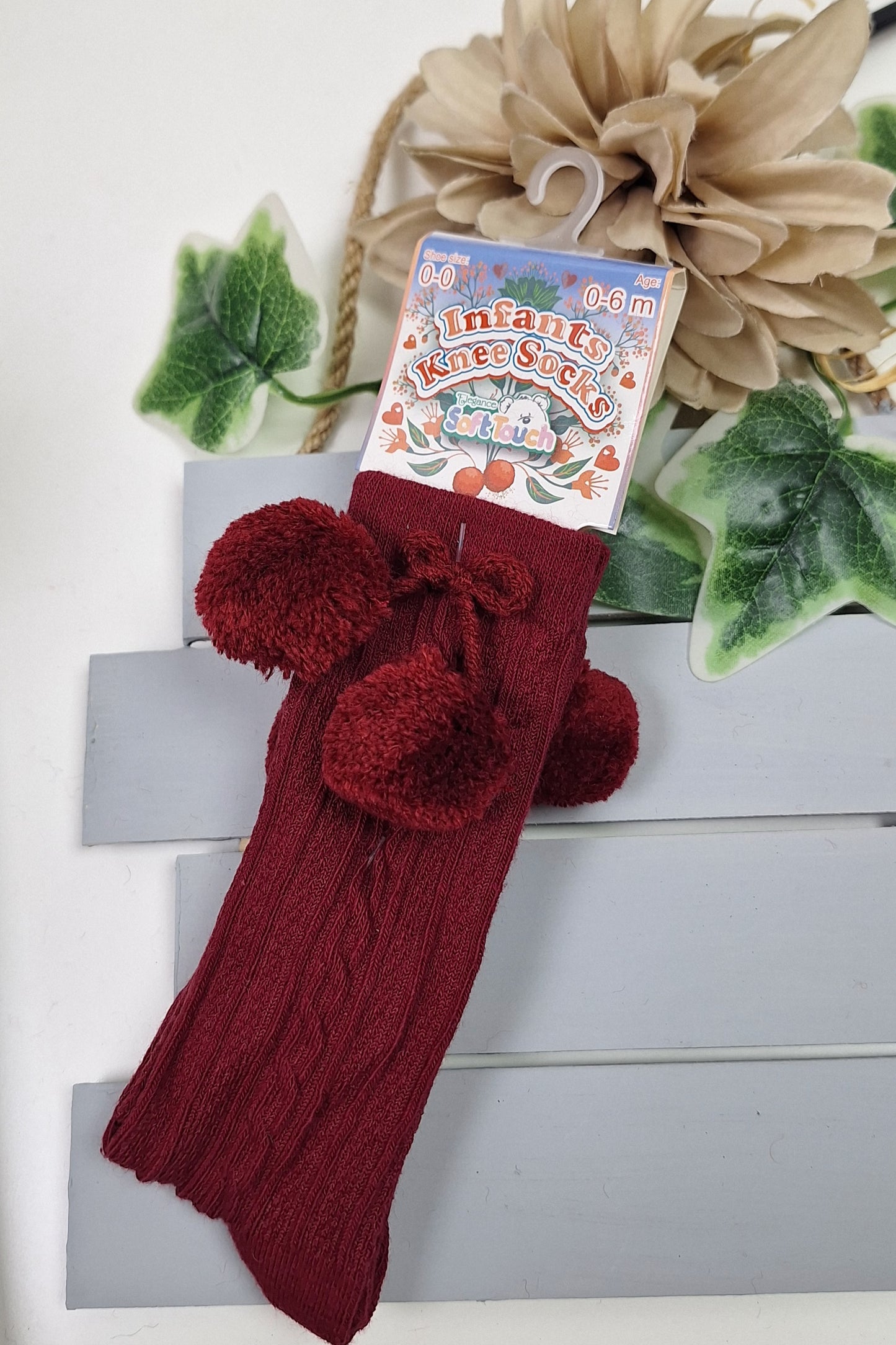 Burgundy Knee High Pom Pom Socks