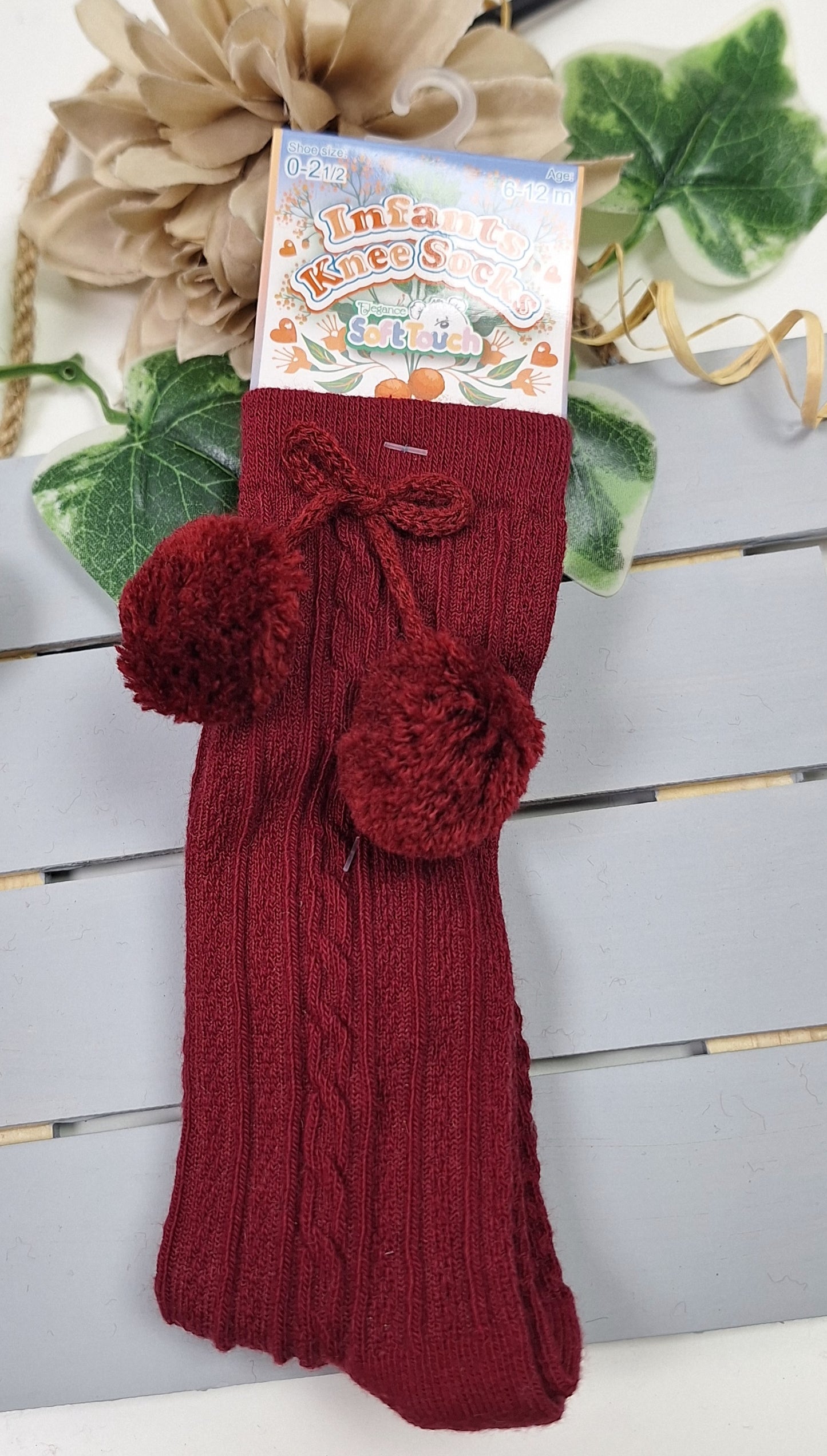 Burgundy Knee High Pom Pom Socks