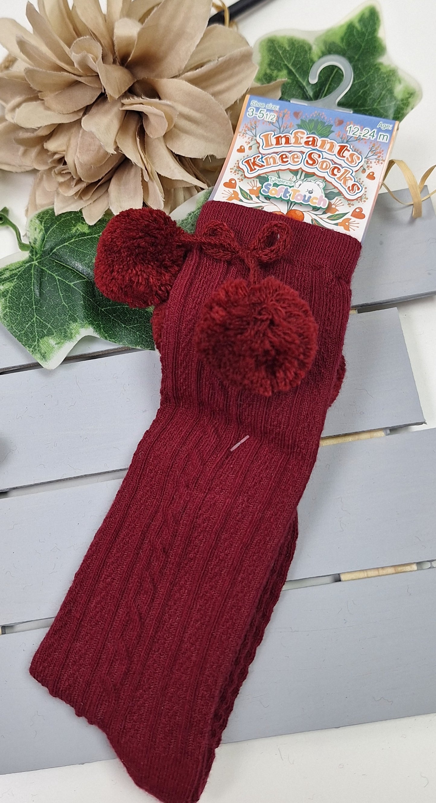 Burgundy Knee High Pom Pom Socks