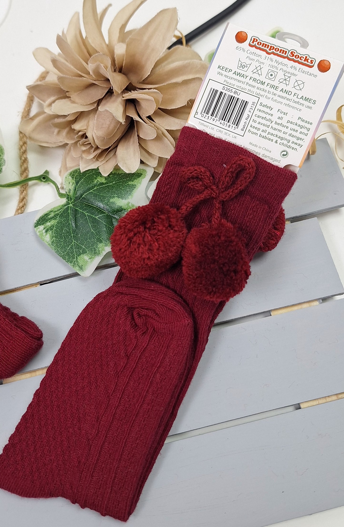 Burgundy Knee High Pom Pom Socks