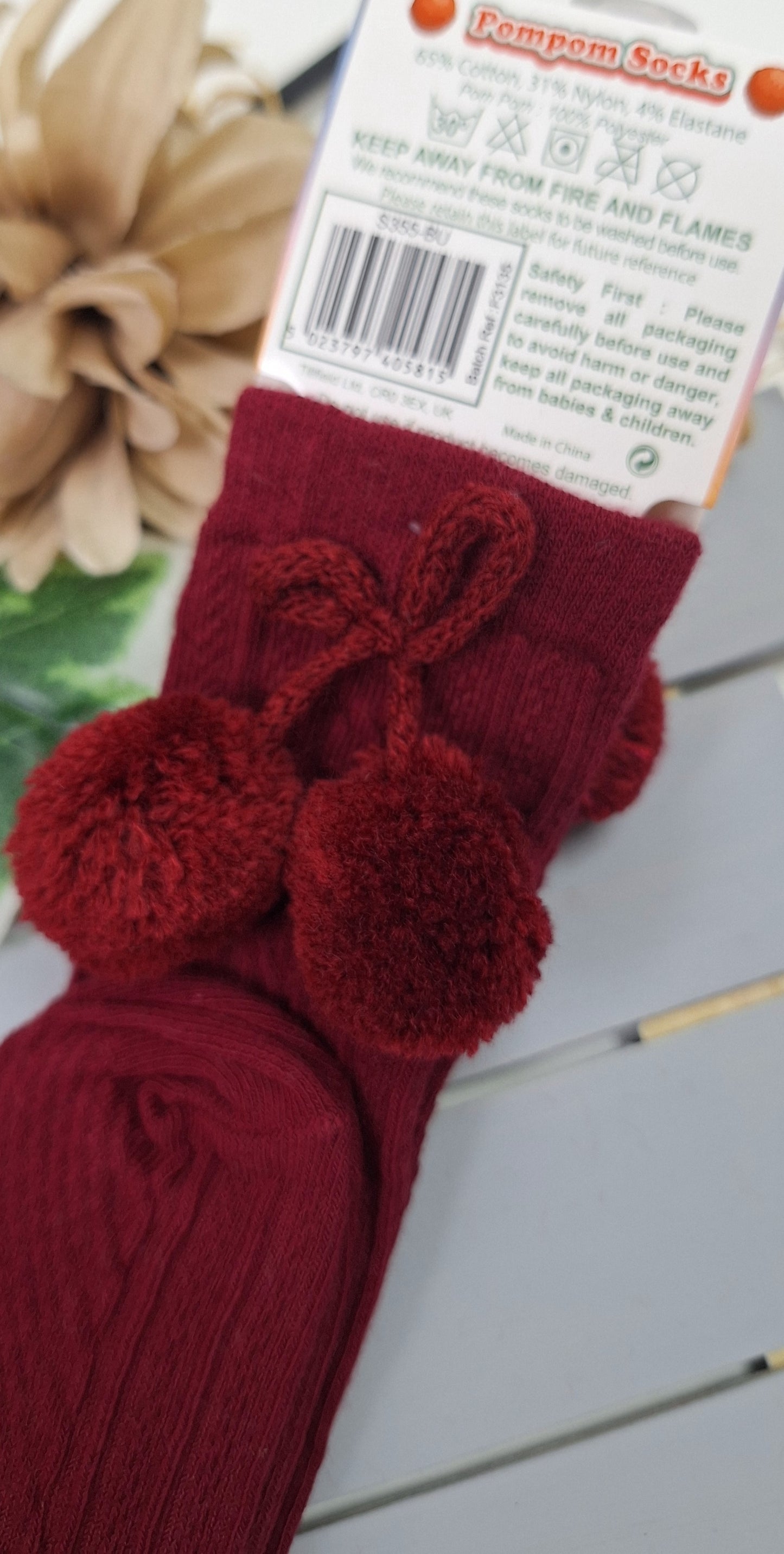 Burgundy Knee High Pom Pom Socks