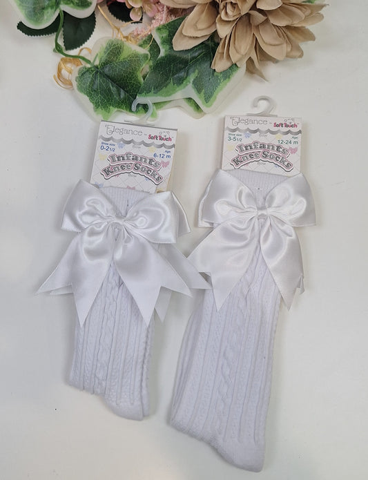 White Elegance knee high bow socks 0-6 6-12 12-24 months