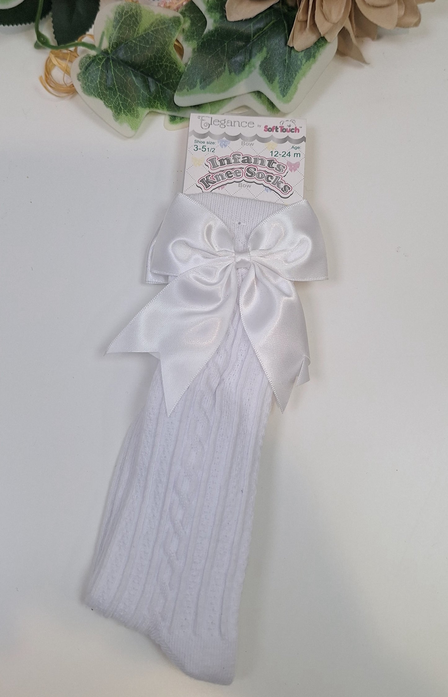 White Elegance knee high bow socks 0-6 6-12 12-24 months