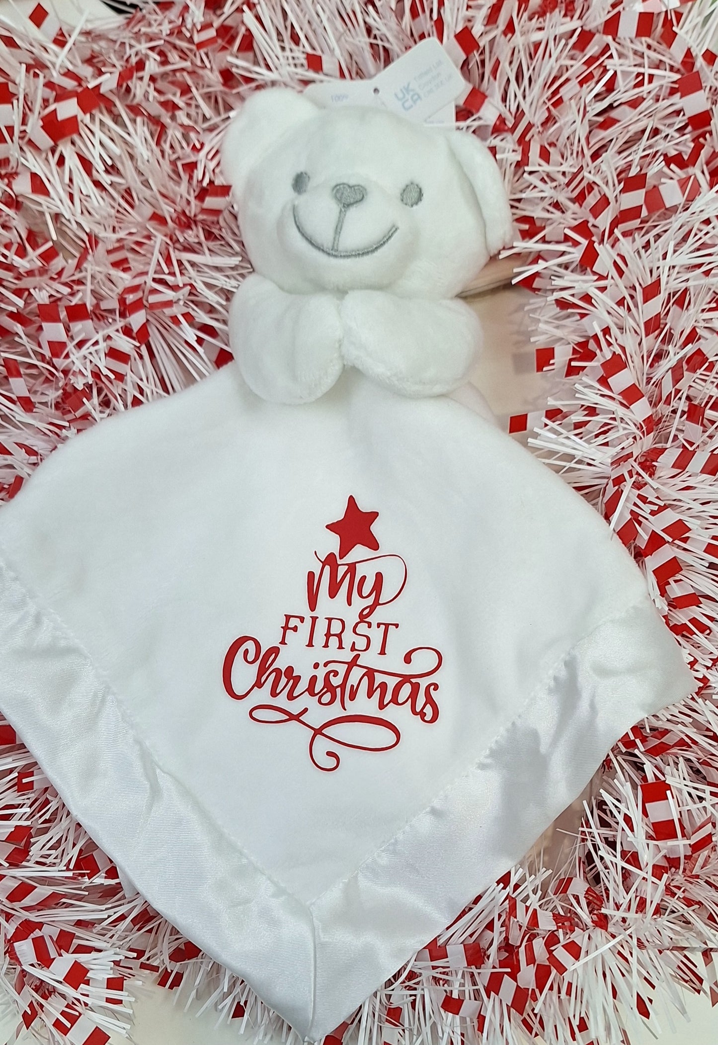 Babies White bear comforter with "My First Christmas" message