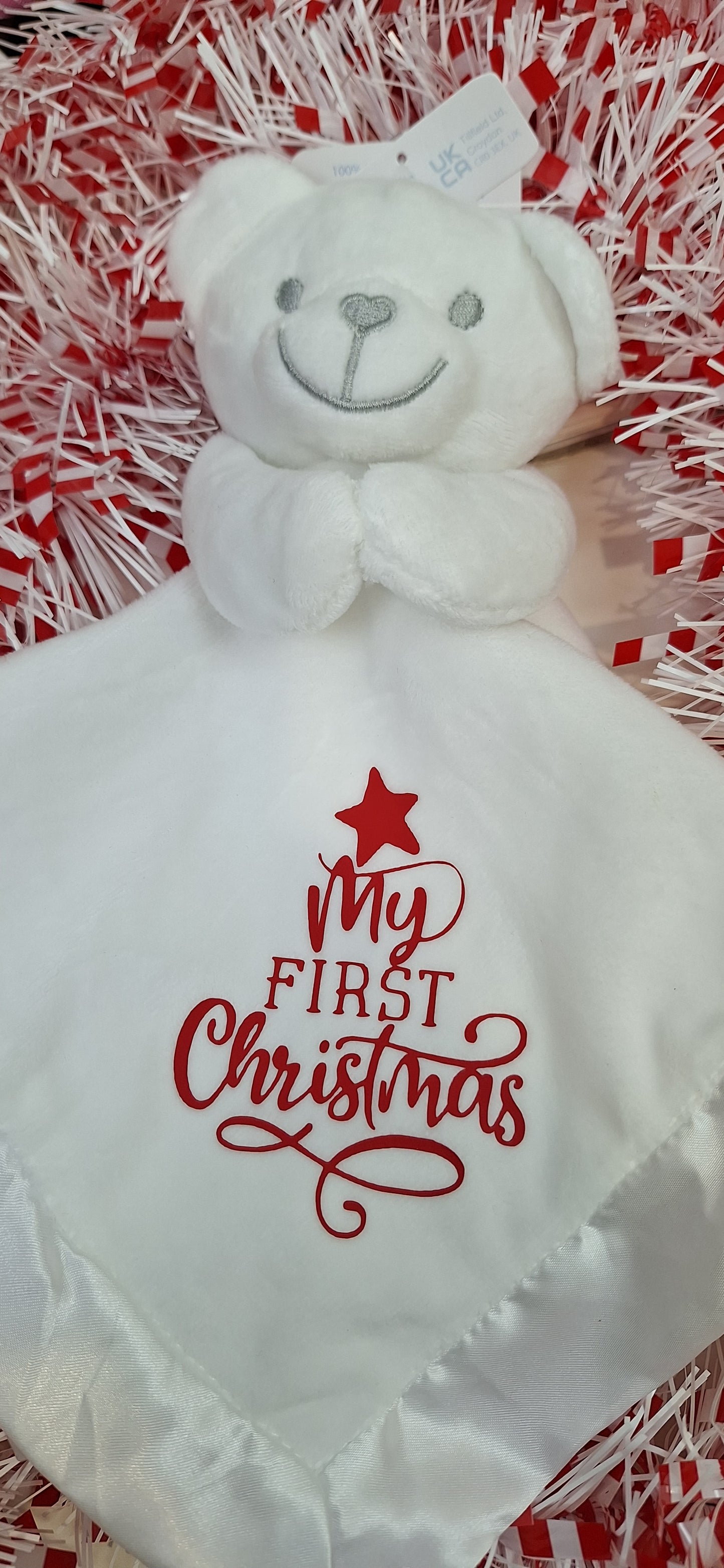 Babies White bear comforter with "My First Christmas" message