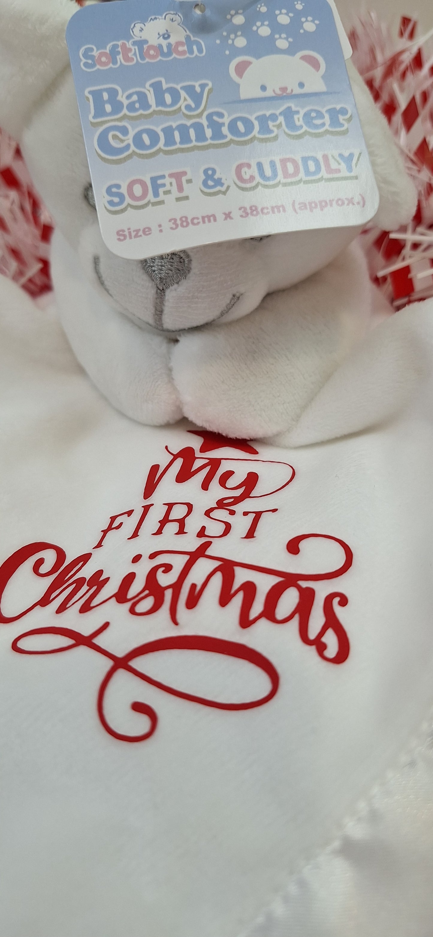 Babies White bear comforter with "My First Christmas" message