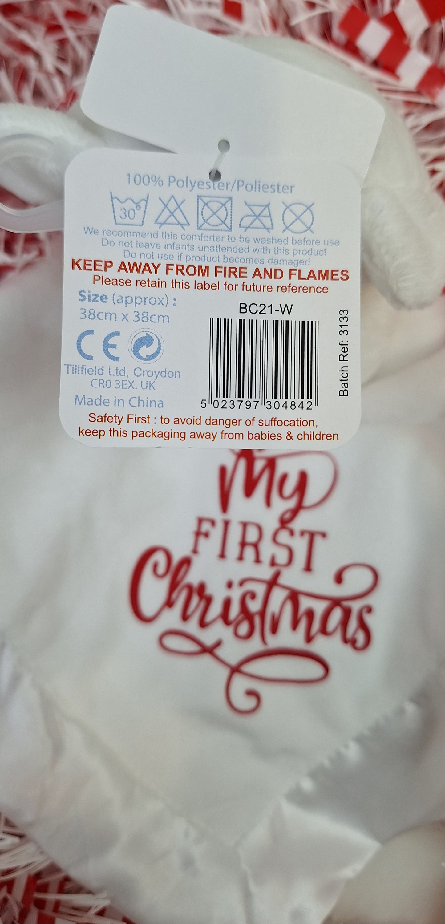 Babies White bear comforter with "My First Christmas" message