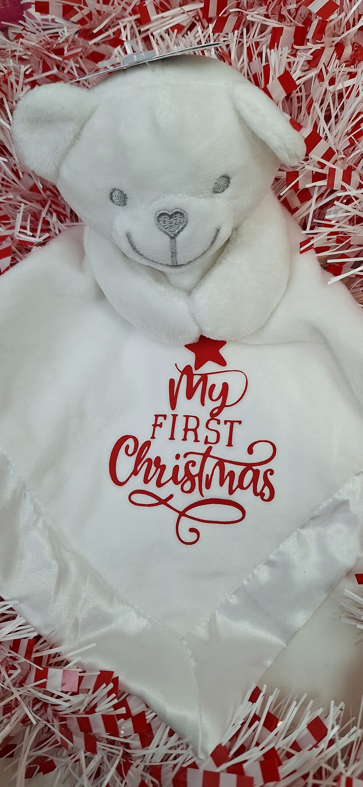 Babies White bear comforter with "My First Christmas" message