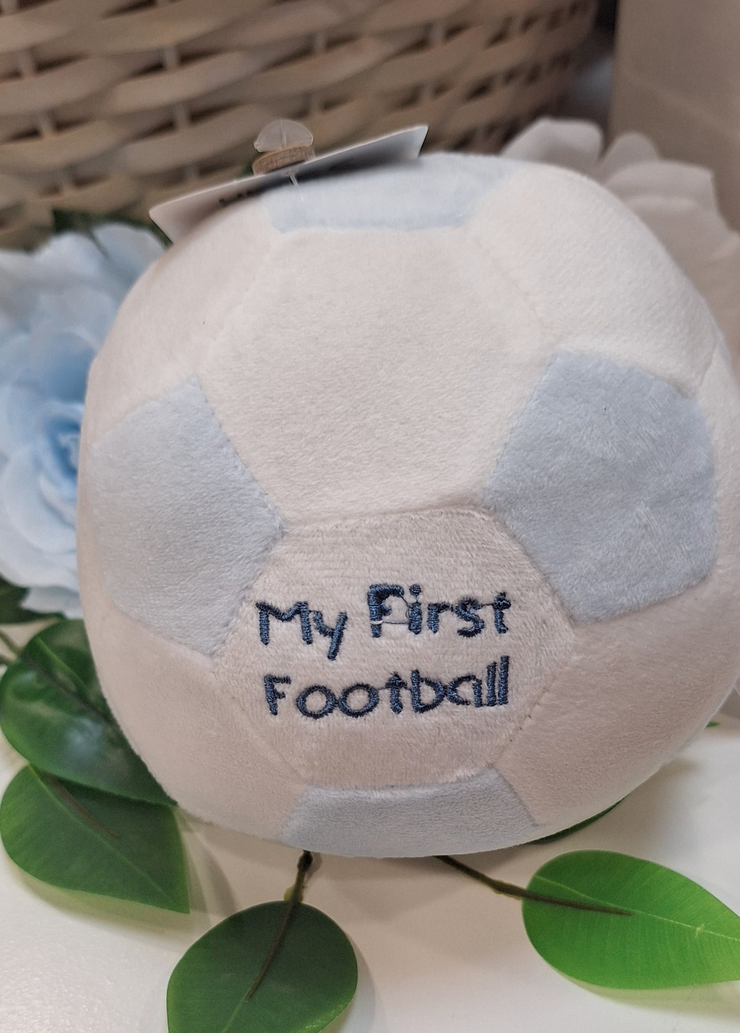 "My First Football" Soft Toy Rattle Ivory & Sky Blue