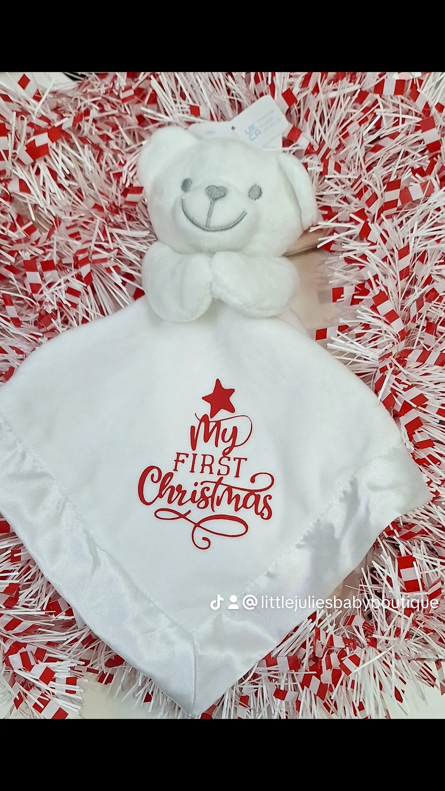 Babies White bear comforter with "My First Christmas" message