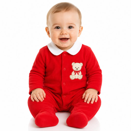 Red Velour Teddy Bear All-in-one Sleep Suit